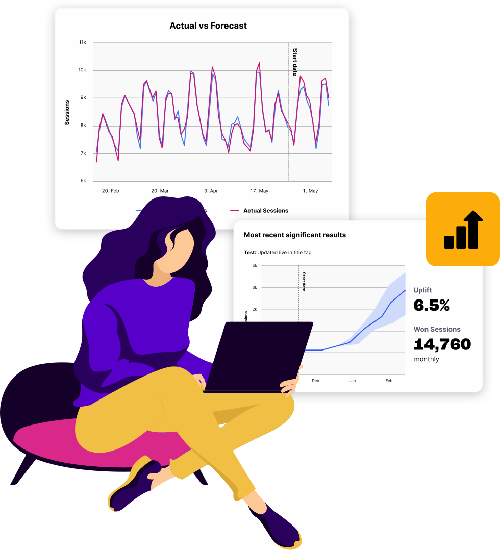 An employee sitting cross-legged analysing SearchPilot dashboards and statisitcal data