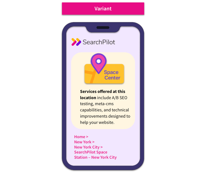 Mockup of variant location page where on-page breadcrumbs are added to the mobile view, along with its breadcrumb schema in the page source.