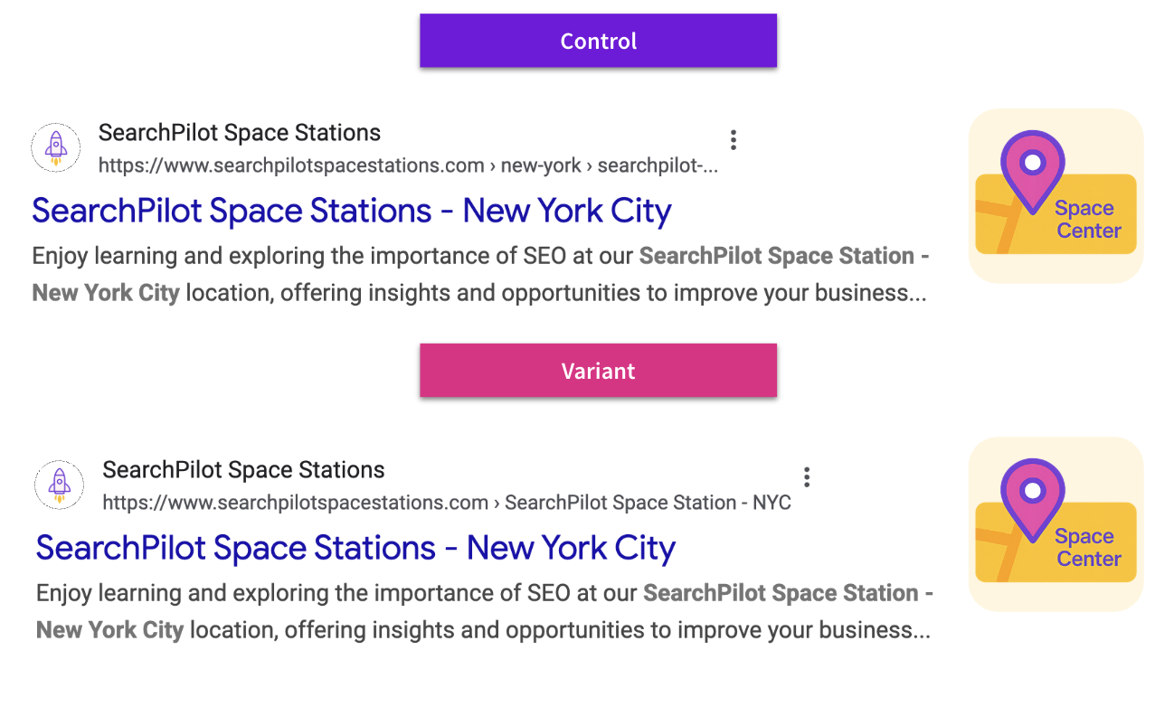 Image of SERP where control search result was pulling the raw URL path as the breadcrumb while variant is now pulling from the structured data.