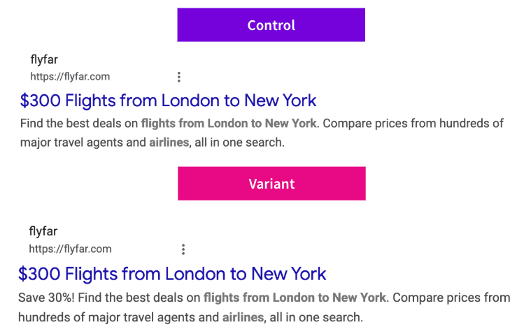 Control vs Variant of test adding Save 30% to meta description