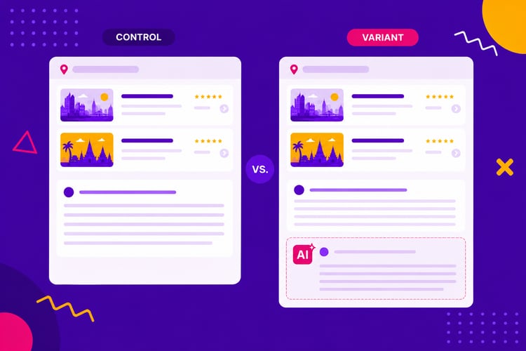 A mockup of a listing pages control and variant changes where the latter is including AI-generated content whereas the former is just the existing content.