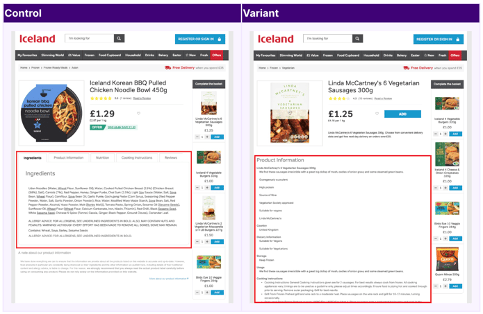 Mockup of control and variant page where product information has been moved out from the tabs and onto the page.