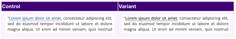 Mockup of control and variant pages where inline links were changed from blue to black.