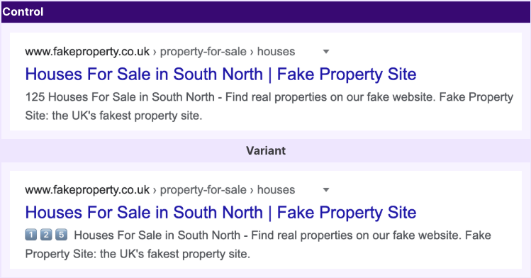 Side-by-side search result snippets comparing a standard description with one that includes emoji numbers at the start.