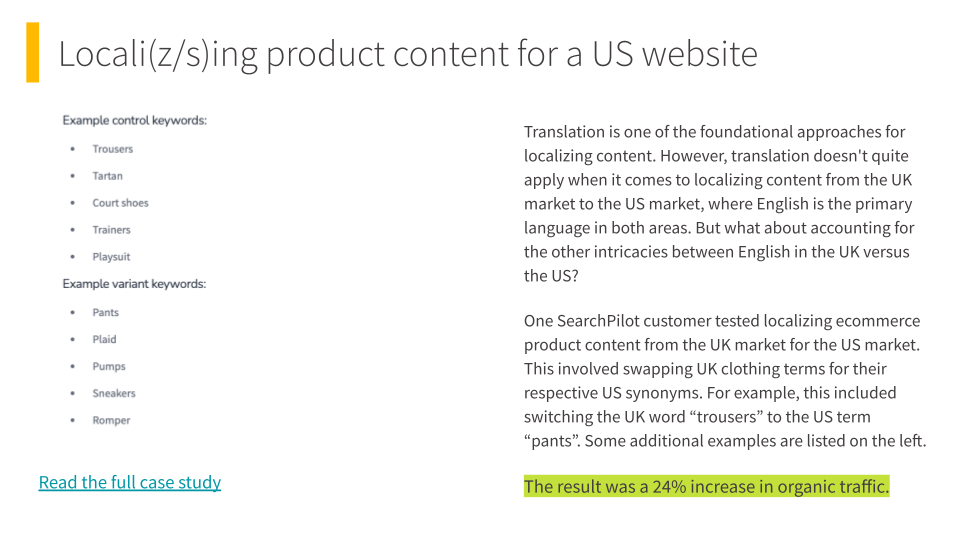 Winning SEO test: localising/localizing product content for a US website