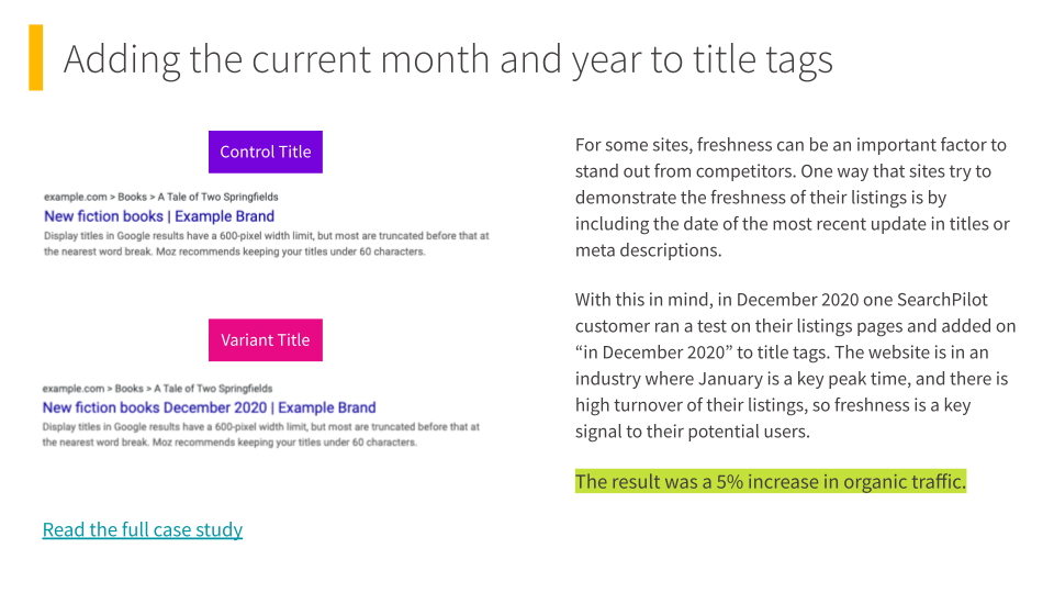 Winning SEO test: adding the current month and year to title tags