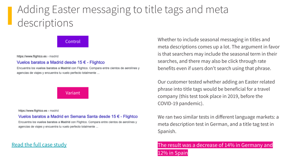 Losing SEO test: adding seasonal messaging to title tags and meta descriptions