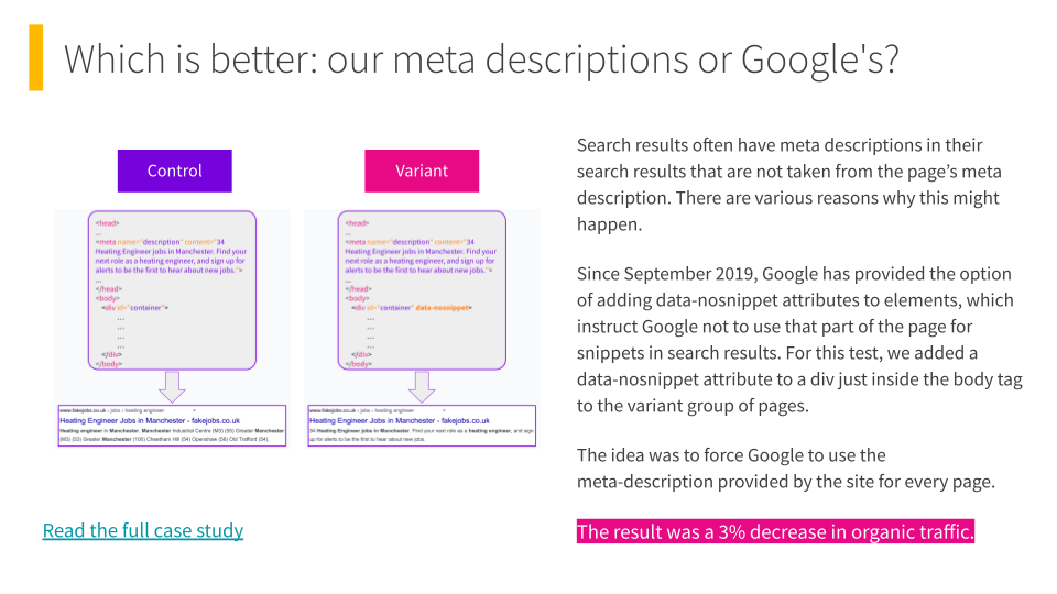 Losing SEO test: forcing Google to use the site's meta descriptions in search results