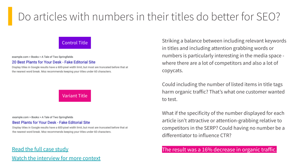 Losing SEO test: removing numbers from title tags