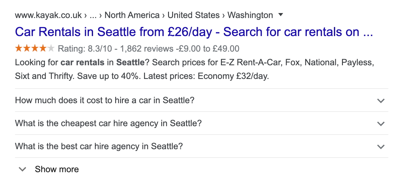 Search result with FAQ and product rich snippet