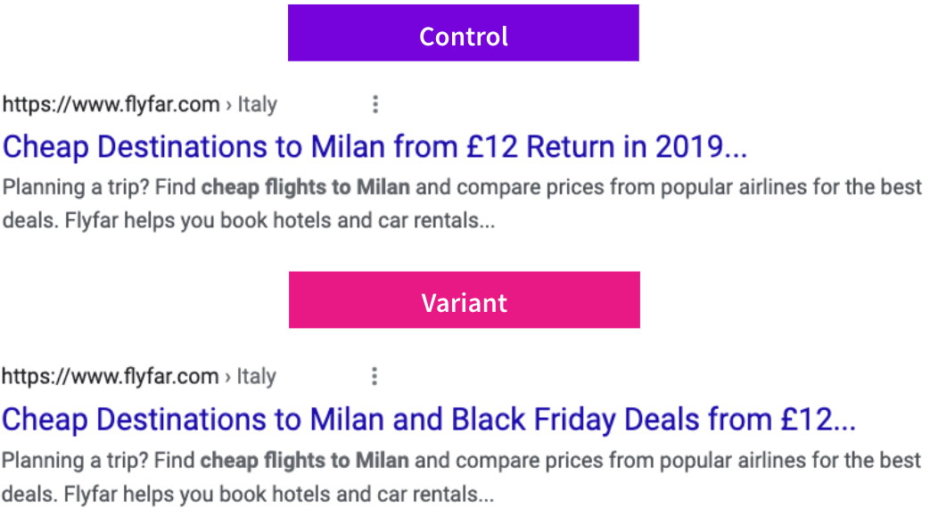 The control and variant change of the title tag for the Destination pages.