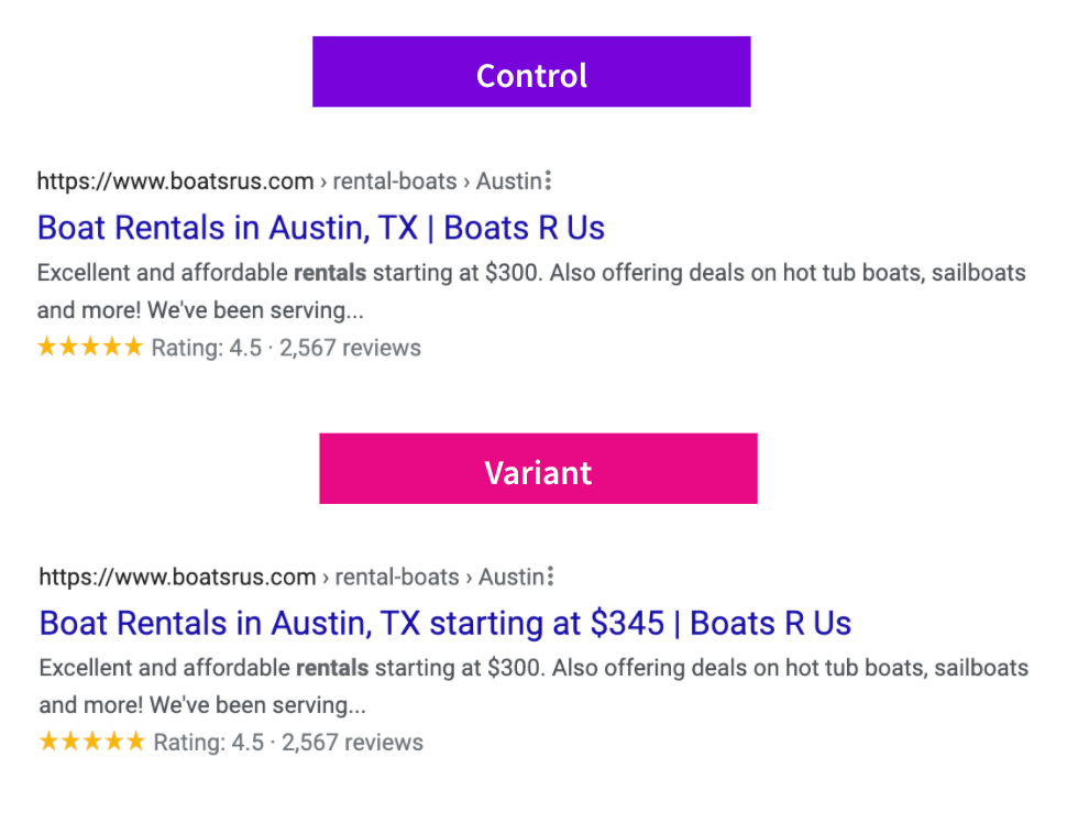 The control and the variant mockup of when we added dynamic prices