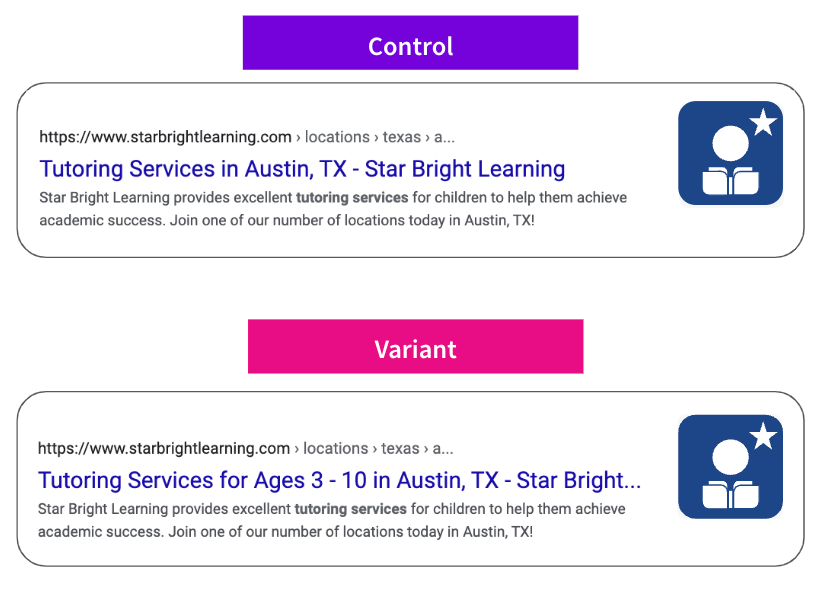 Image showing the control and variant mockup of a tutoring service for children. The control mockup has the city and state while the variant mockup also has the city and state but includes the range of ages they serve.