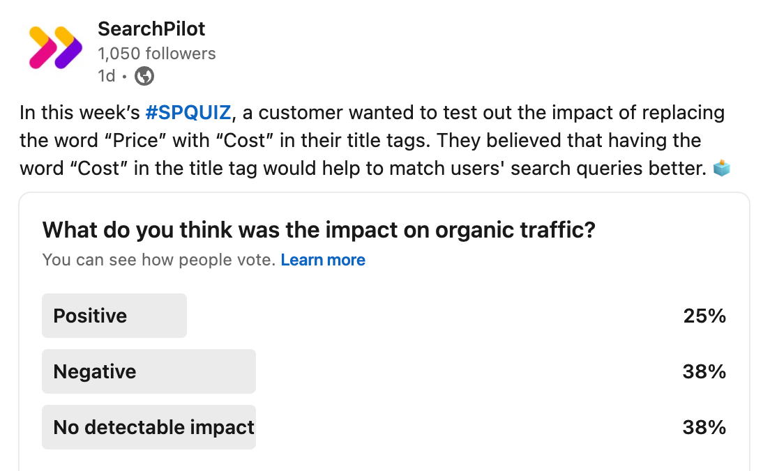  LinkedIn Poll - replace “price” with “cost” in title tags