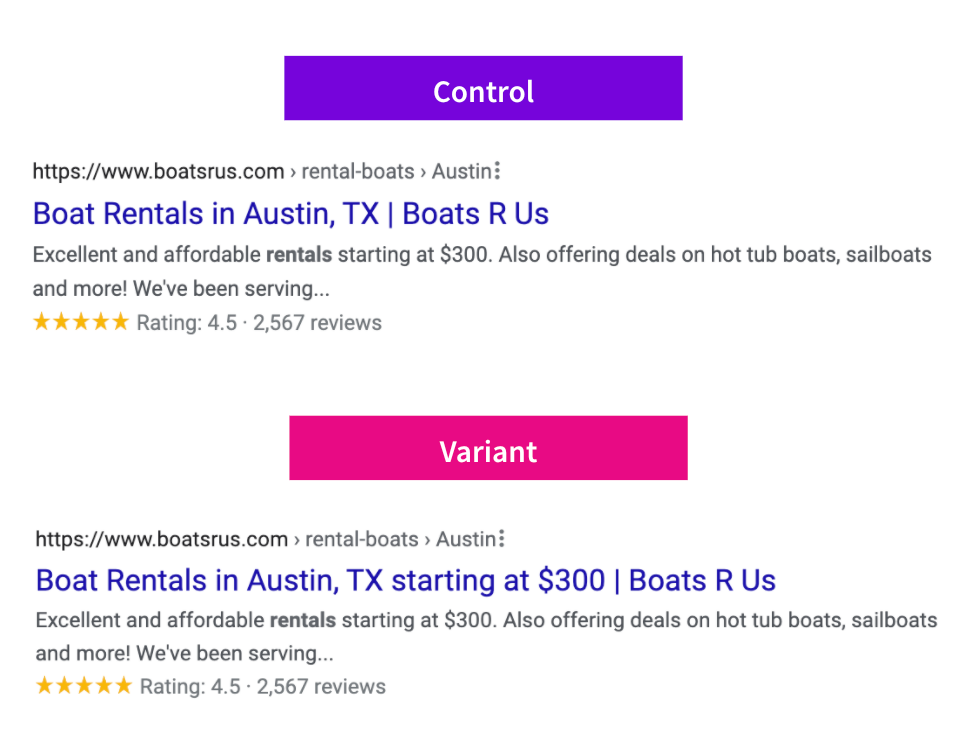 The control and the variant mockup of when we added static prices